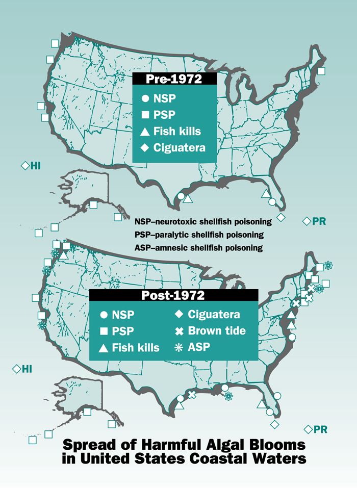 A map showing the increase of harmful algal blooms before and after 1973.