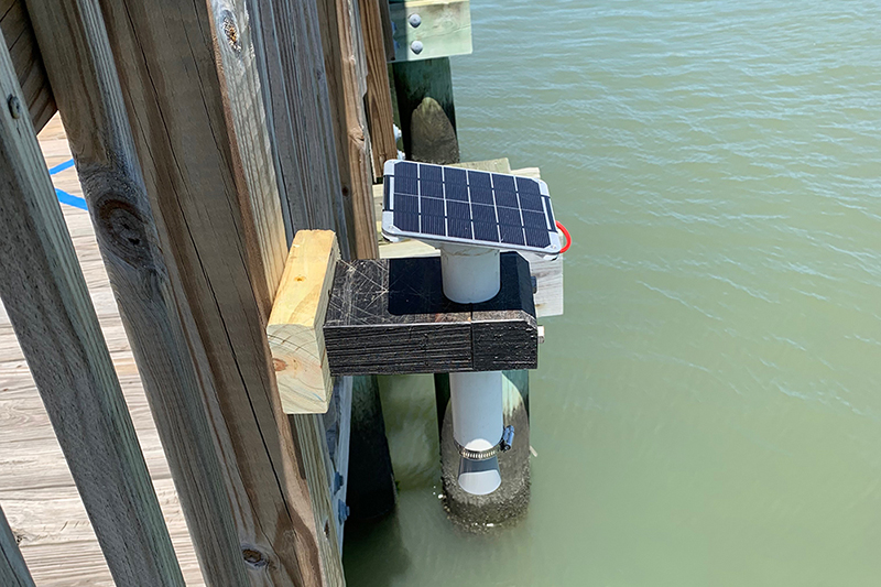 A solar powered water sensor affixed to a dock.
