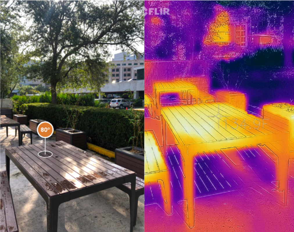 An infrared display from the FLIR device shows the temperature of a picnic table and the surrounding area.